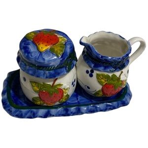 Vintage Strawberry Creamer, Sugar Bowl w/ Lid and Tray Set